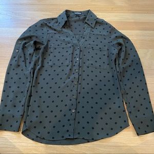 Express size XS Olive green/blk polka dot long sleeve blouse with front …
